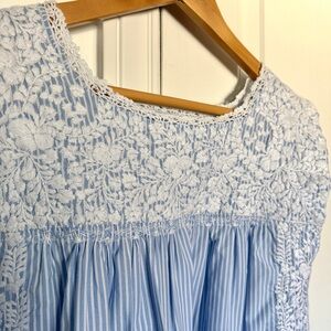 MI GOLONDRINA Blue White Stripe Embroidered Top Size XS